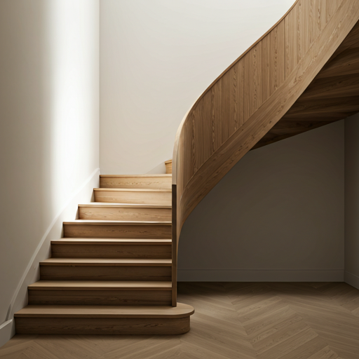 Kensington mews oak staircase against lime-washed walls