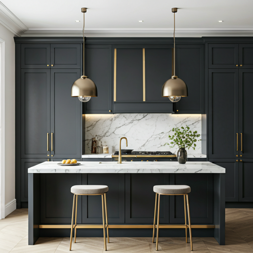 Belgravia Mews — charcoal kitchen with brushed brass